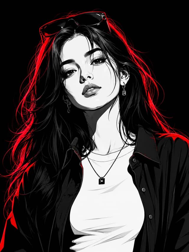 Neon-Lit Monochrome Vector Portrait of Stylish Woman