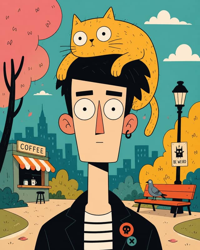 Quirky Flat Cartoon Portrait with Animal Hat