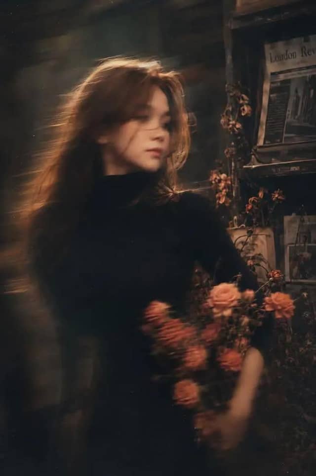 Vintage Film Portrait with Flowers at Golden Hour